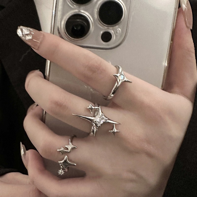 Cross-border Hot-selling Cool Style Star Mount Inlaid Zircon Opening Ring Three-piece Set Women's Personality Light Luxury Elegant Jewelry