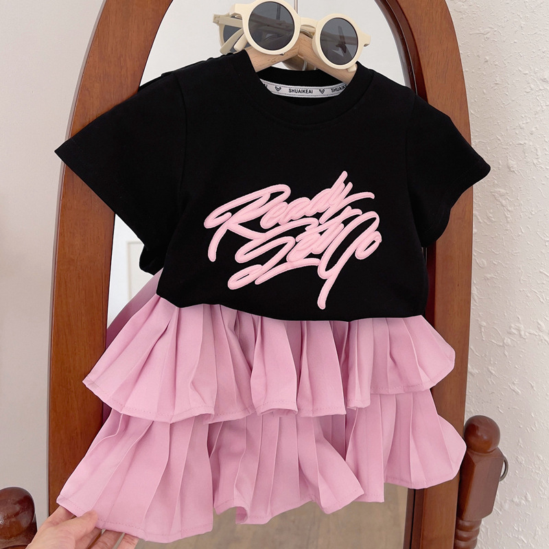 2024 summer children's clothing baby girl suit short-sleeved thin section children's T-shirt skirt pants two-piece set dropshipping