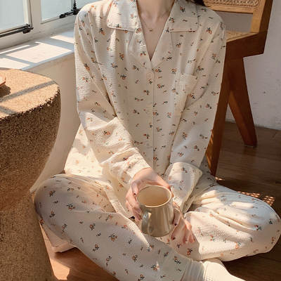 Pajamas women's autumn woven bubble cotton long sleeve new small floral cartoon outerwear homewear ins suit