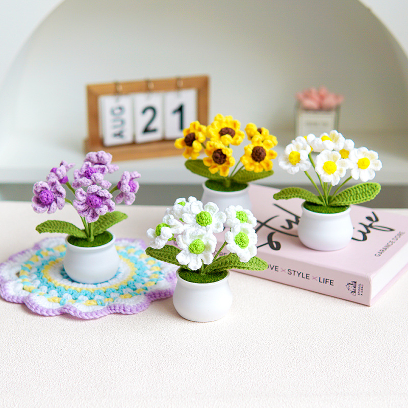 Finished hand-woven lily of the valley potted home ornaments knitted artificial flower wool crocheted bouquet fake flower gift
