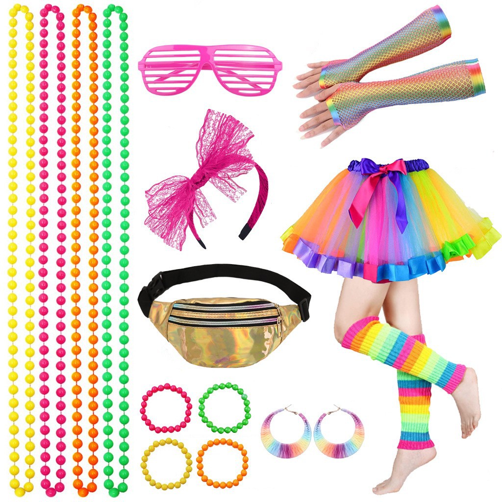 1980 s Accessories Crossbody Laser Waist Bag Chest Bag Neon Necklace Bracelet Skirt Leg Lace Headband Set