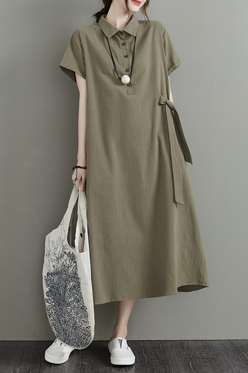 Cross-border New Japanese Solid Color Cotton and Linen Lapel Short-sleeve Loose Pocket Women's Casual Dress