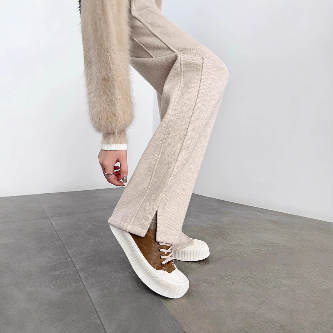 Herringbone fleece-lined Wide Leg Pants Women's Autumn and Winter 2025 New Casual Split Pants Straight Slimming Narrow Banana Pants