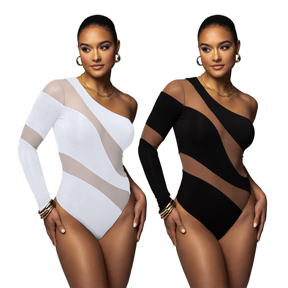 2024 new European and American sexy shoulder sleeve tight mesh stitching fashion striped hollow-out one-shoulder jumpsuit for women