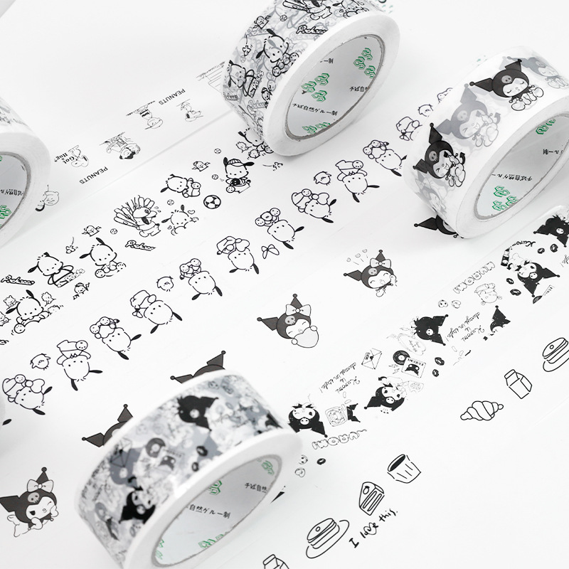 Cute coolomi black tape on white background cartoon Pacha dog packaging and sealing tape large roll full box wholesale 4.5cm