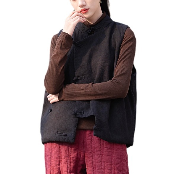 23 cotton and linen women's clothing New National style vintage buckle cotton vest top women's sand wash linen quilted warm vest_voghion.com