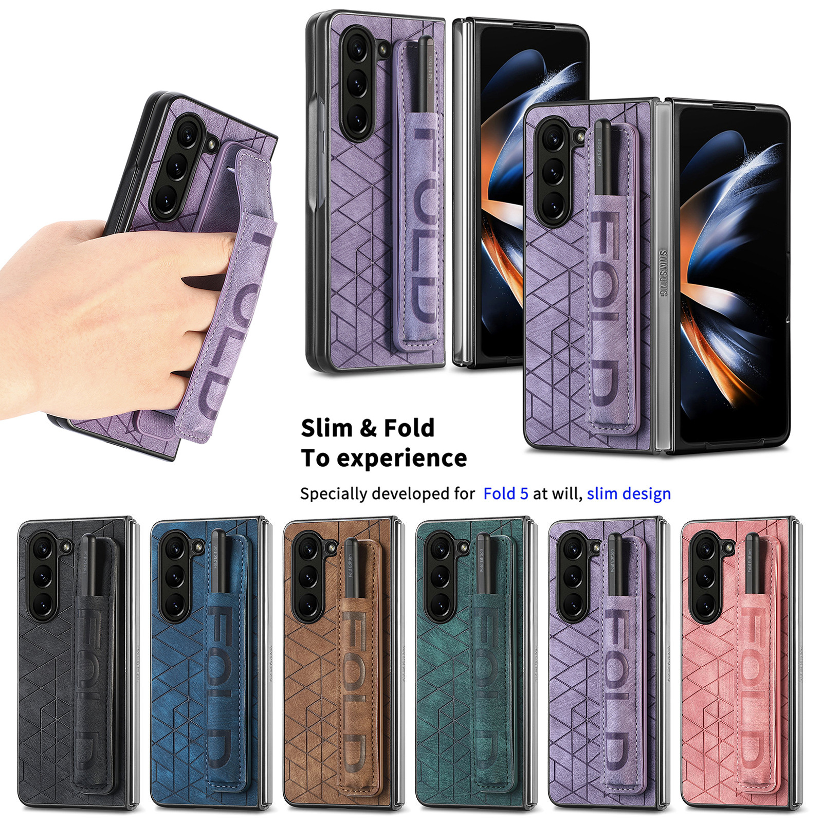 源頭跨境適用Z FOLD6手機殼fold5彈力伸縮手腕帶插筆精孔保護套殼