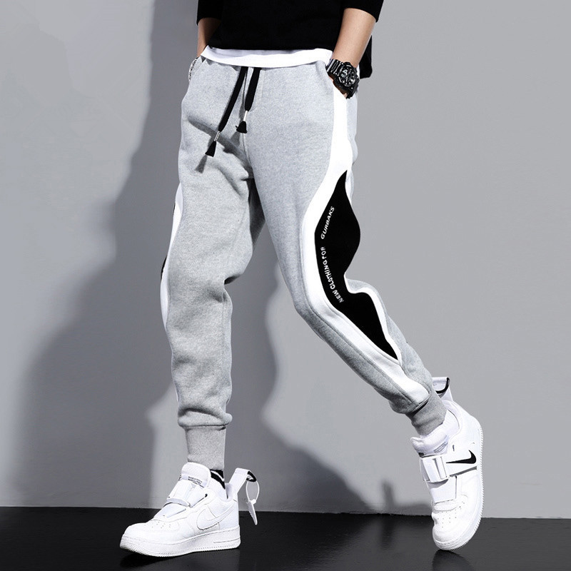 Autumn and winter velvet warm pants toe black gray stitching embroidery trend casual loose Sports men's pants