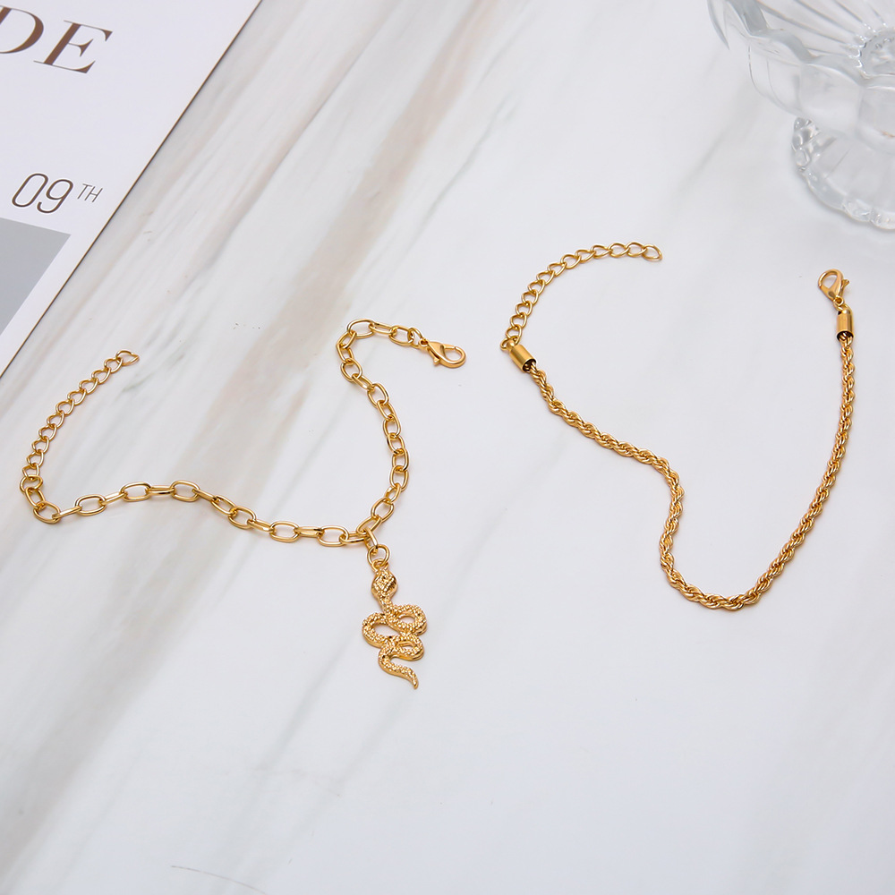 Cross-border Hot Selling Foot Chain Fashion Gold Plated Twist Snake Pendant Cross Chain Double Layer Foot Chain Women Wholesale