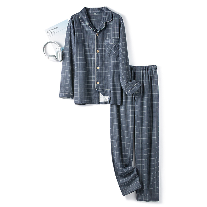 Pure Cotton non-printed large plaid double-layer yarn men's good long short-sleeved trousers pajamas home wear suit one-piece delivery