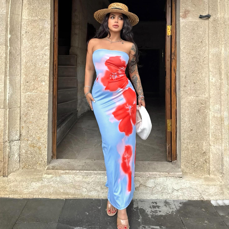 D24DS121 European and American Women's Cross-border Summer New Strapless Flower Printed Slim-fit High Waist Split Long Dress