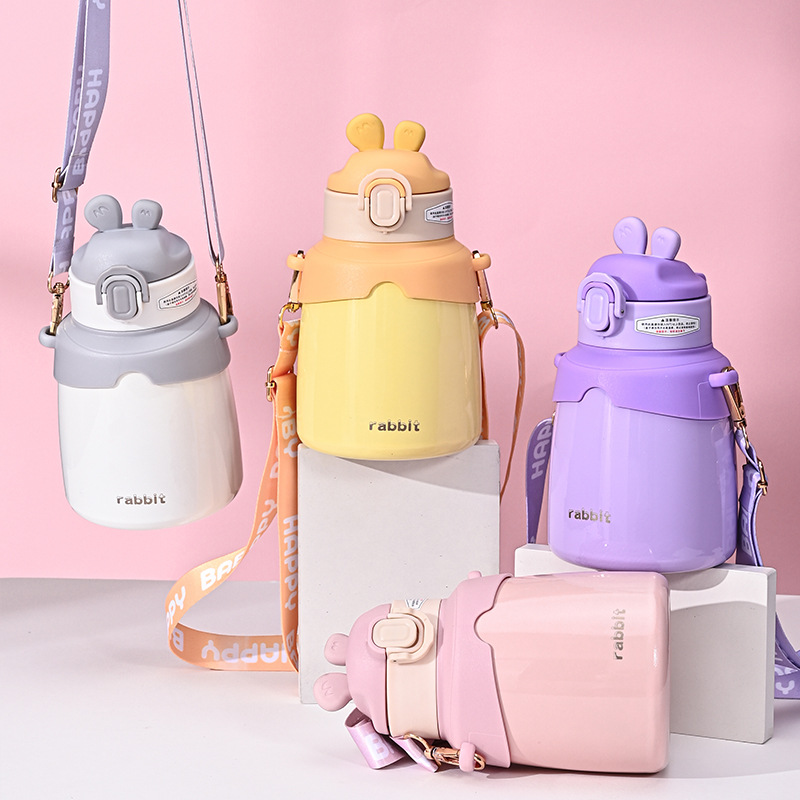 Wholesale thermos cup girls high color value 304 water Cup women's new children's kettle big belly rabbit Cup with straw