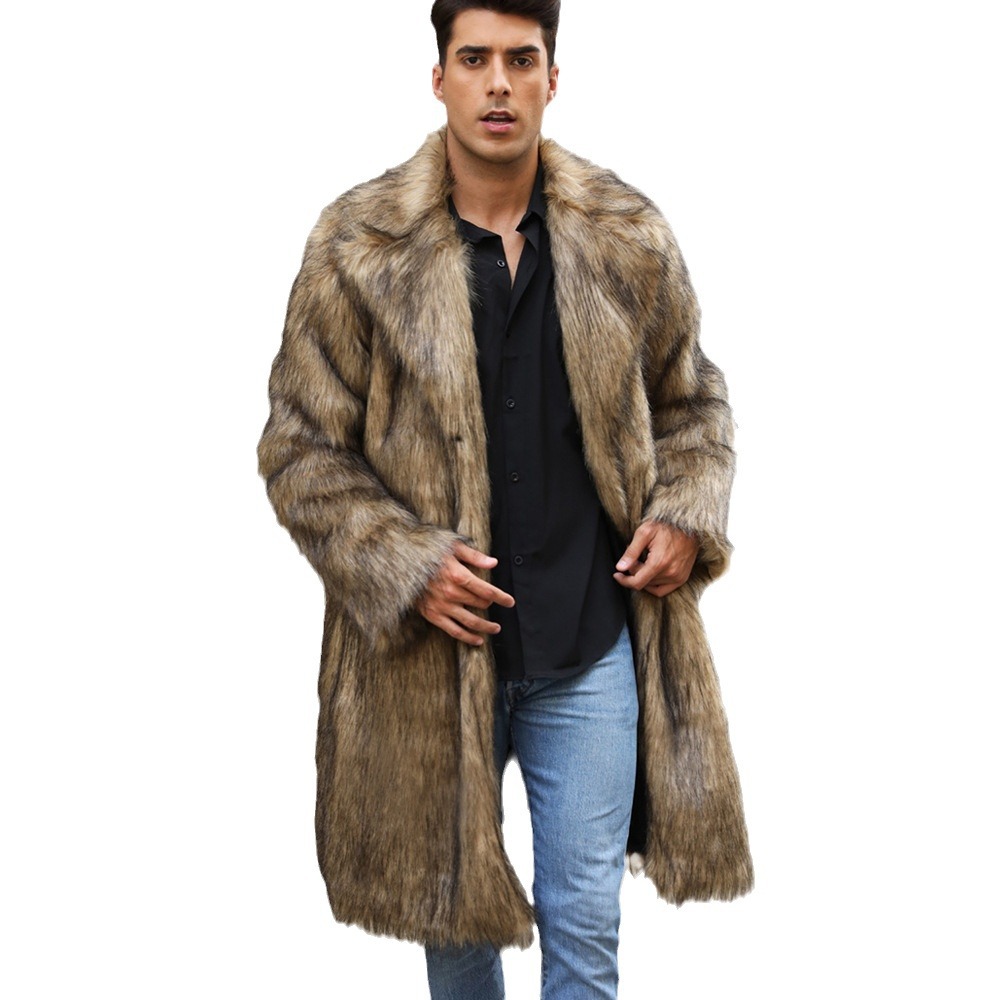 F0674 cross-border European and American popular men's suit collar coat artificial fur faux fox fur thickened mid-length coat