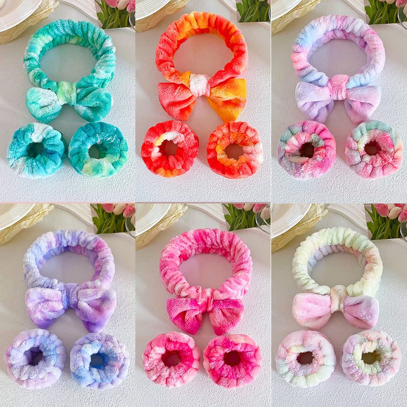 European and American Cross-border Tie-dye Color Face Wash Hair Band Wristband Set Women's Wash-proof Moisture-proof Sports Sweat-wiping Water Absorbent Hair Ring Bracelet
