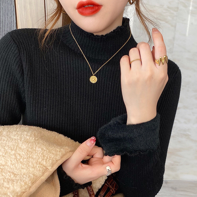 Soft Waxy Style Sweater Women's Autumn and Winter Half-turtleneck Knitted Base Shirt Warm Inner Fleece-lined Thickened One-piece Fleece Top