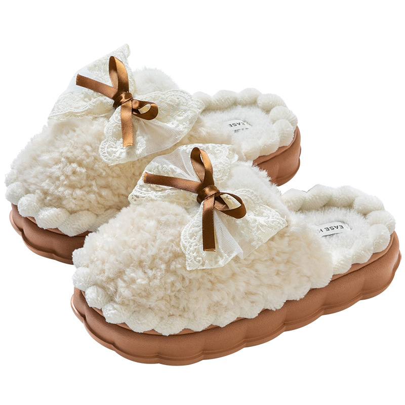 Bowknot cotton slippers women's confinement winter warm non-slip indoor home 2023 new plush slippers winter