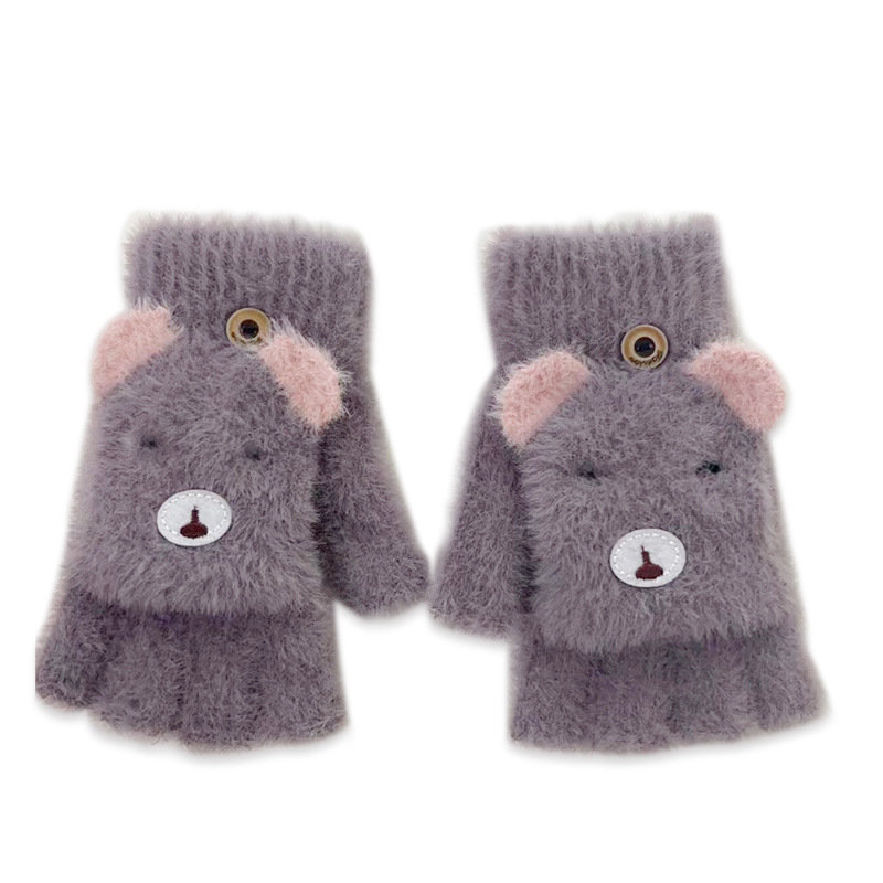Winter Warm gloves student Korean style cute thick plush half open finger flip children writing riding gloves