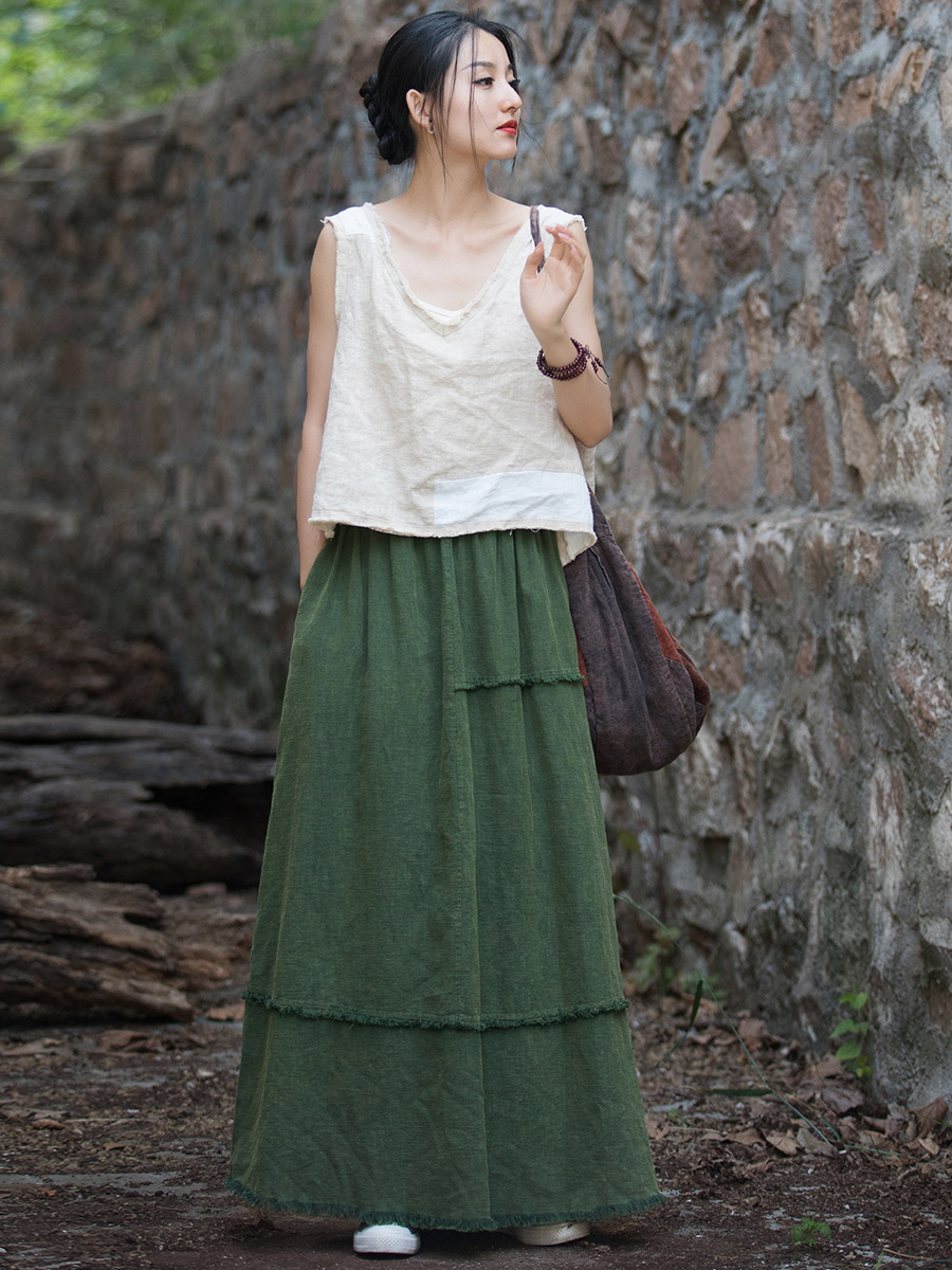 Ramie Sand Stir-fried Sanding Casual All-match Skirt Cotton Linen Women's New 24 Spring and Summer Home Travel Women's Skirt