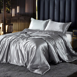 Summer naked sleeping Silk four-piece set solid color double-sided mulberry silk quilt cover Ice Silk sheets foreign trade Amazon wholesale