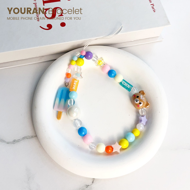 New DIY Mobile Phone Case Hanging Chain Flower Strawberry Bow Color Wrist Beaded Headset Bag Pendant Pendant