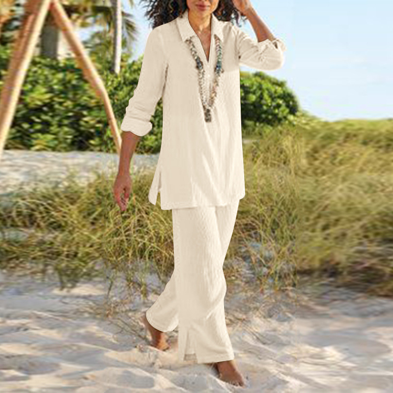 2023 cross-border foreign trade large size women's clothing solid color National style vintage pants set cotton and linen casual long sleeve loose cotton suit