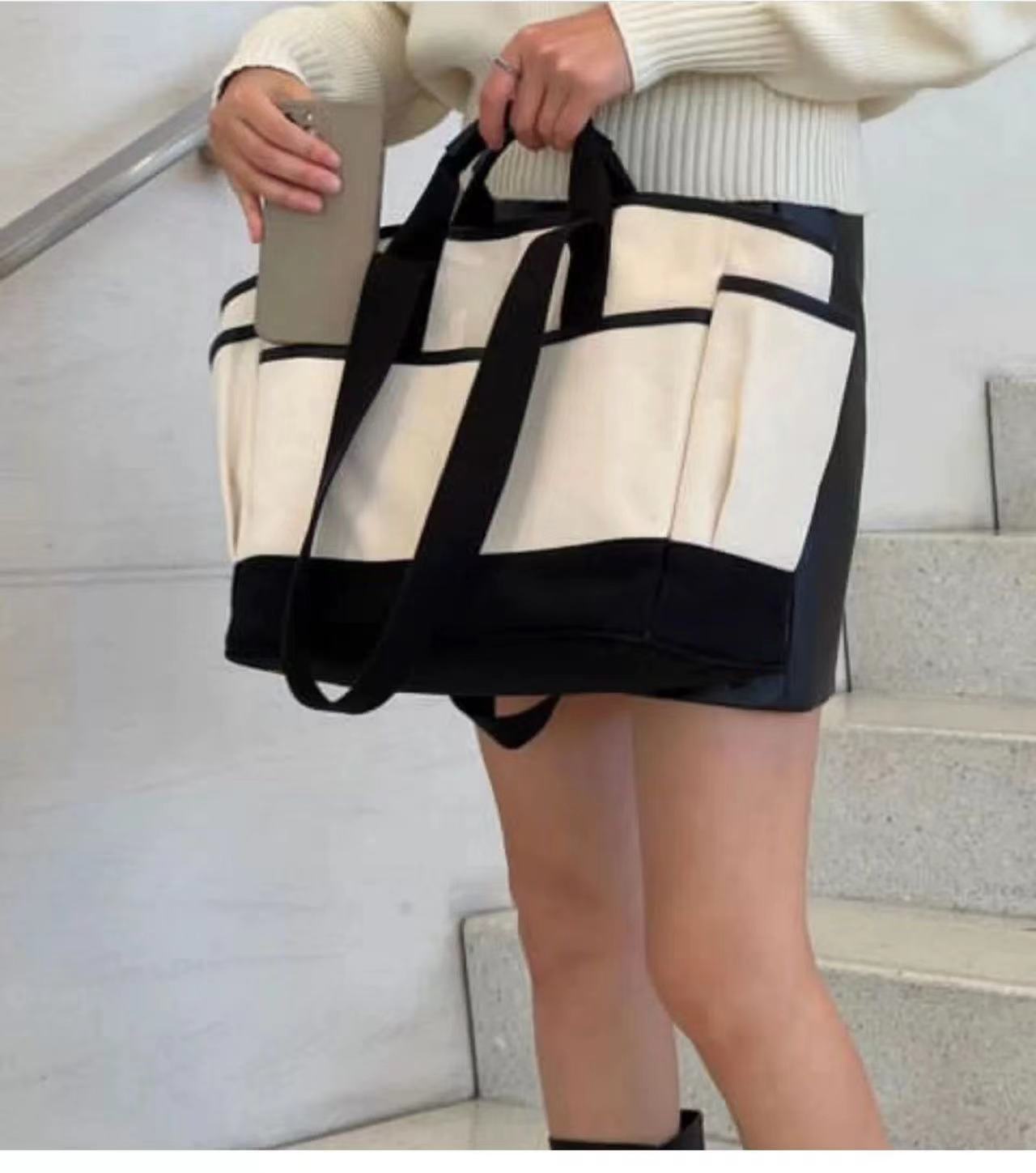 Korean-style Niche Patchwork Canvas Bag Large Capacity Multi-compartment Portable Mother and Baby Mummy Bag Practical Commuter Tote Bag_voghion.com