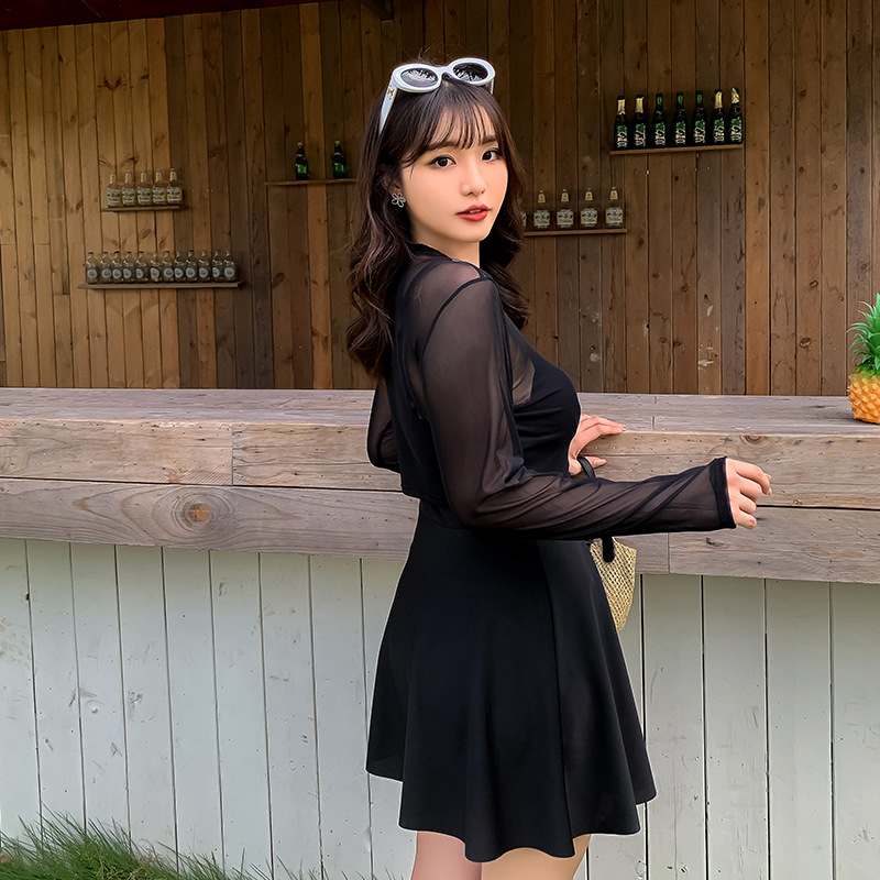Swimsuit women's large size fat mm160 kg slim belly Black sexy big chest gathered one-piece skirt summer long sleeve sunscreen