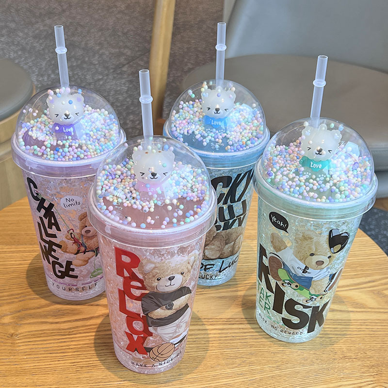 Cross-border new high-looking teddy bear cartoon plastic water cup straw Cup double-layer Cup sequins ice Cup