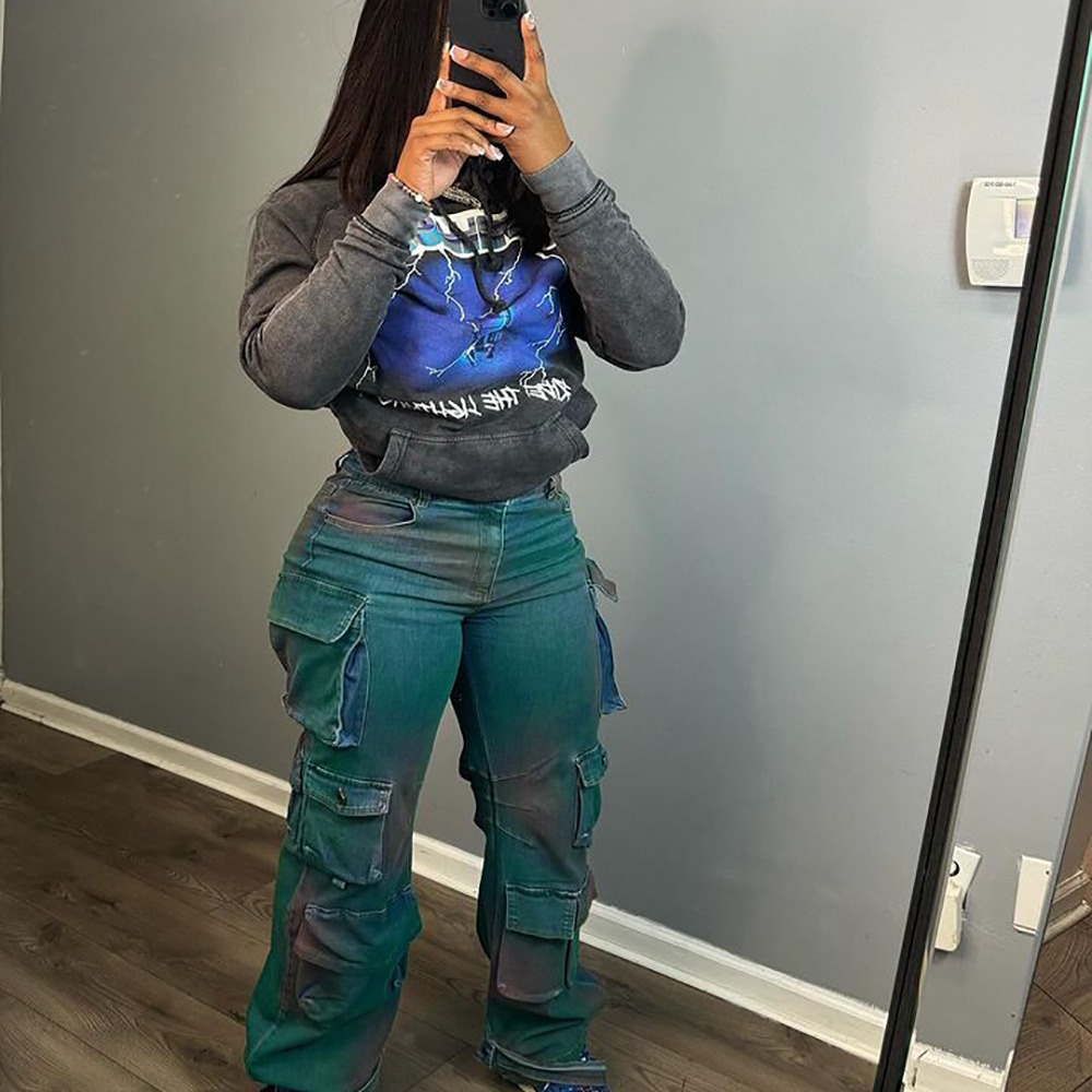 European and American cross-border women's clothing Amazon popular fashion personality trend multi-pocket tie-dyed jeans high waist straight pants