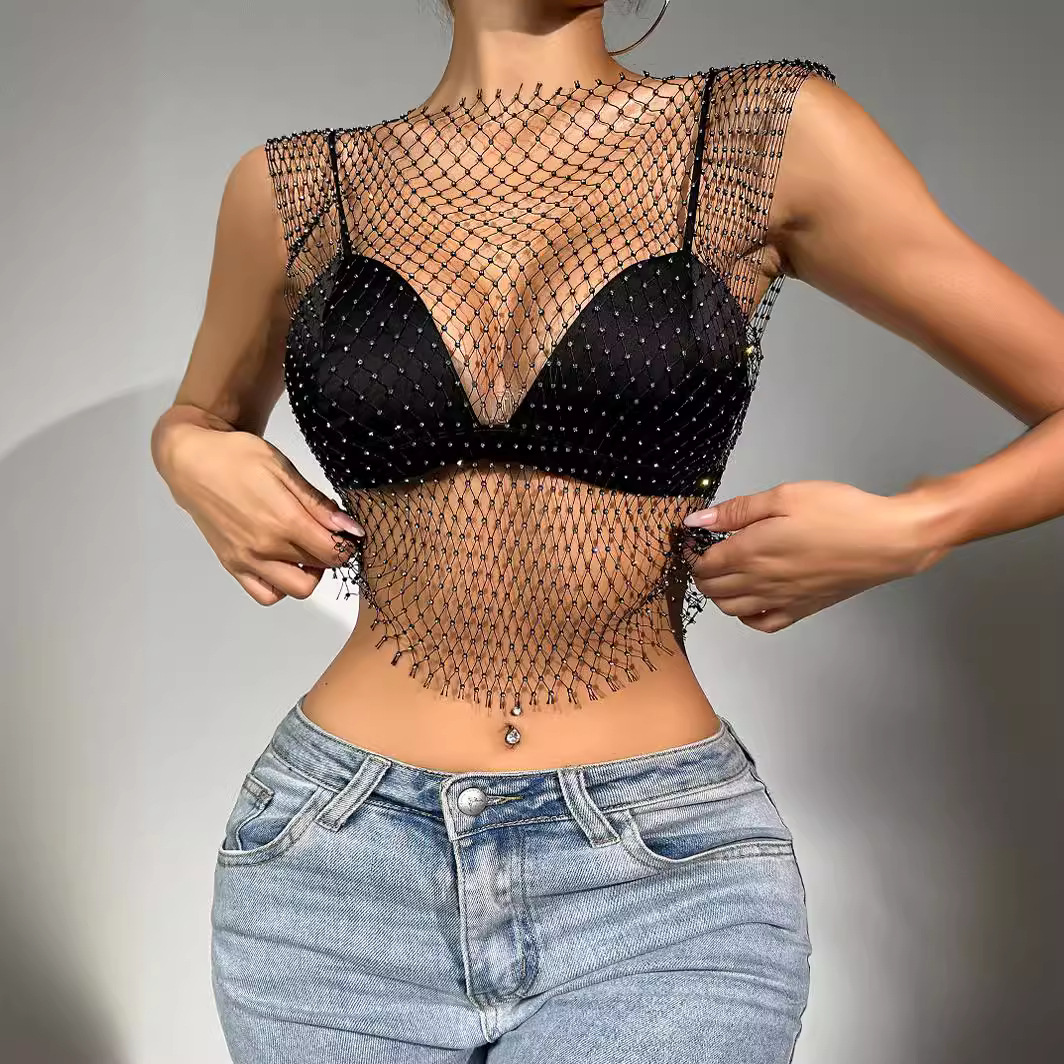 Amazon Cross-border Sexy Nightclub Women's European and American Fishing Net Hollow Rhinestone Vest Mesh Flash Diamond Strap Top Women