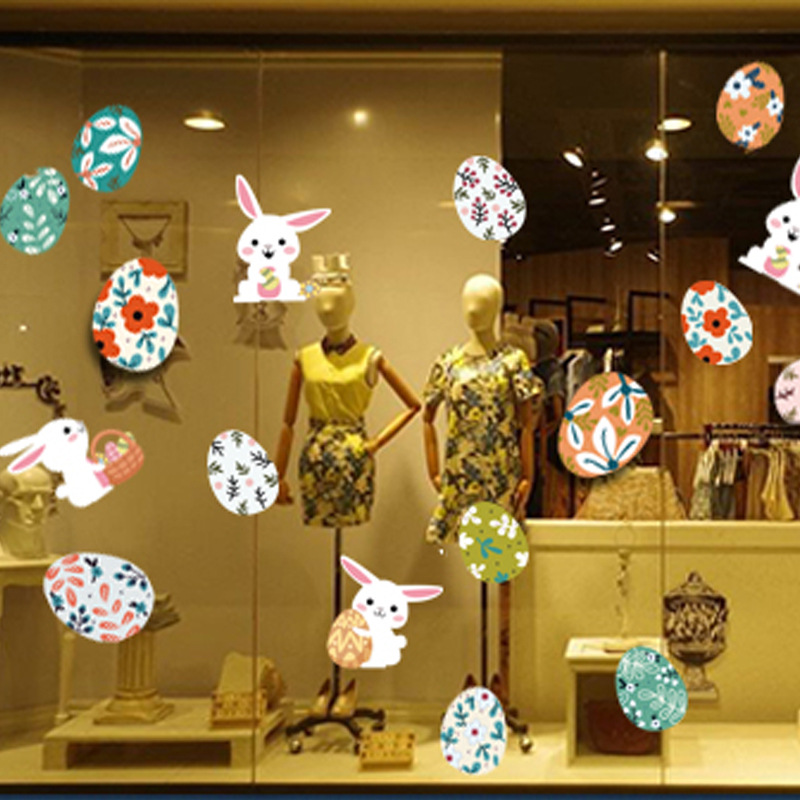 2022 New Cross-border Cartoon Rabbit Wall Stickers Mall Glass Window Electrostatic Decorative Easter Egg Stickers