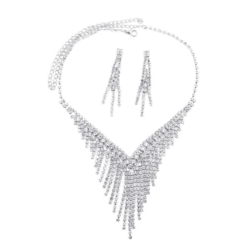 South Korea Metal Claw Chain Rhinestone Wedding Necklace Bride Necklace Ear Drop Jewelry Banquet Necklace Jewelry suit Wholesale
