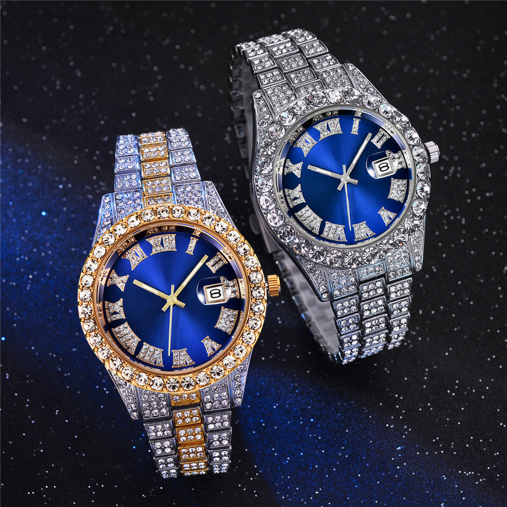 Neue wasser geist große strass Diamant herren Uhr Römischen skala kalender hip-hop uhr herren gold uhr Grün voller diamant_voghion.com