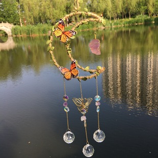 Hemp Rope Leaf Hand Tie Flower Butterfly Accessories Moon Wind Bell Natural Crystal Garden Pendant Crystal Ball Decoration