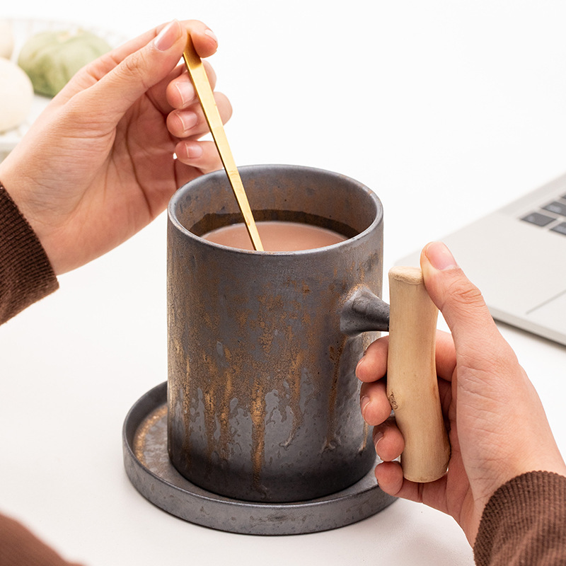 金粗陶コーヒーカップ日本式コップ木柄コップ大容量オフィスリビングコーヒーミルクコップ|undefined