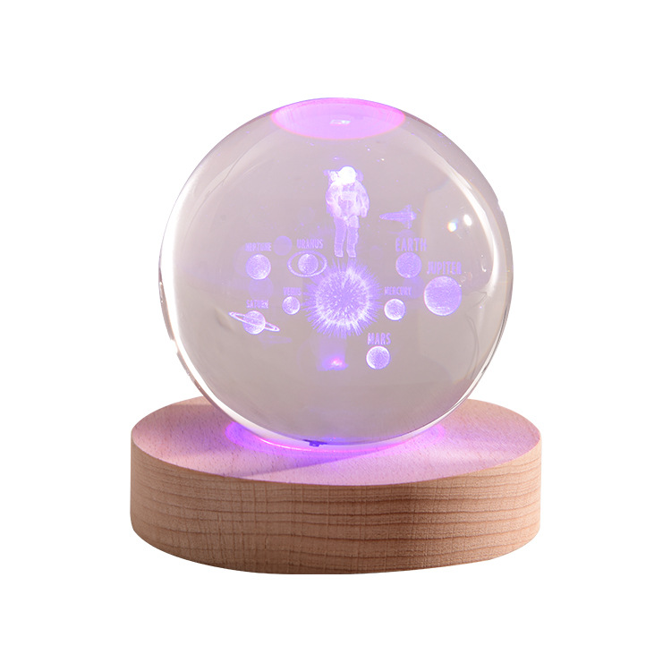 Star Astronaut Crystal Ball Night Light Luminous Wooden Base Ornaments Glass Ball 3d Inner Carving Solar System Cross Border