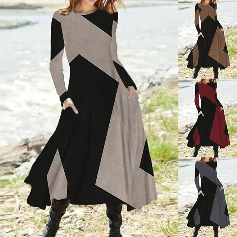 2022 cross-border European and American women's casual European and American ethnic style retro fashion autumn and winter long sleeve oversized swing dress