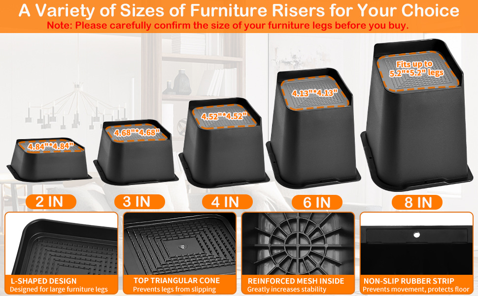 Increased 4 inches trapezoidal L-shaped half top spikes bottom rubber strip non-slip bed feet cabinet feet sofa feet table feet