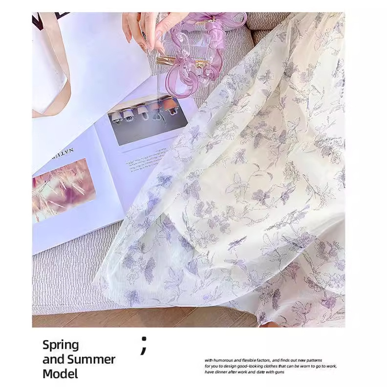 Summer Tea Break French Ink Painting Waist Slimming Temperament Ladies White Chiffon Dress Women's Shopping Mall Same Style