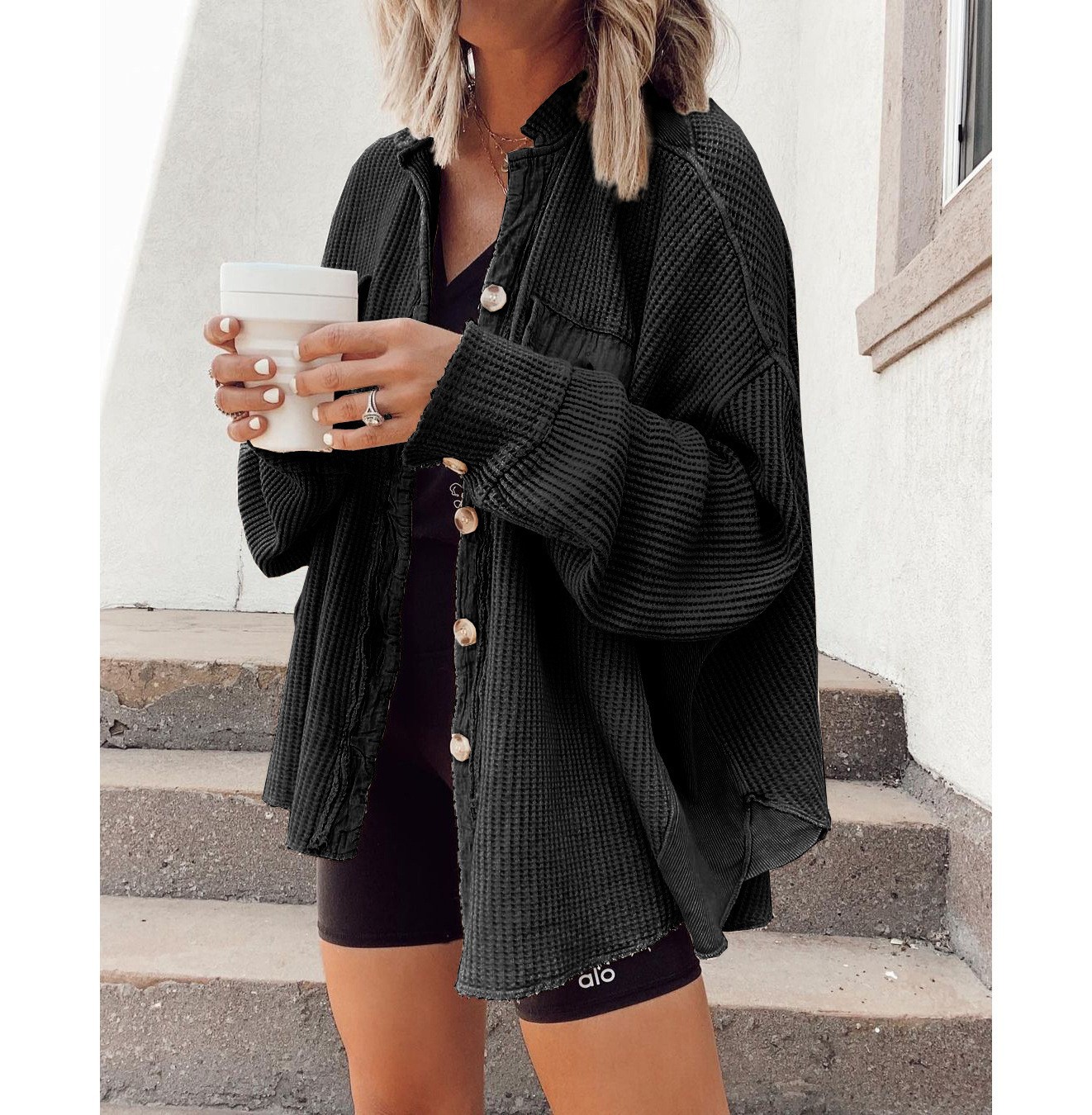 European and American Explosions 2023 eBay Amazon Women's Fashion Casual Waffle Bat Sleeve Stitching Loose Cardigan