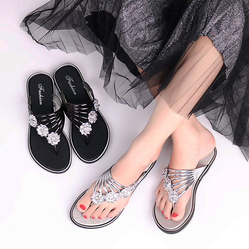 2023 Summer Women's Slippers Flower Flat Slippers Women's Rhinestone All-match Outer Wear Flip-flops Women's Flip-Flops
