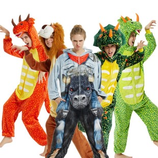 Cartoon Animal Siamese Pajamas Adult Autumn and Winter Flannel Panda Dinosaur Male and Female Triceratops Lion Star Pegasus