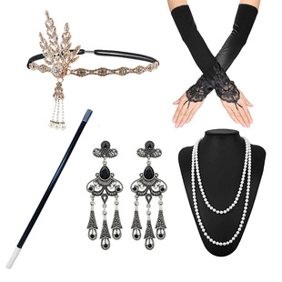 1920s Flapper girl dress Halloween costume gloves cigarette Rod necklace headband wool strip five-piece set