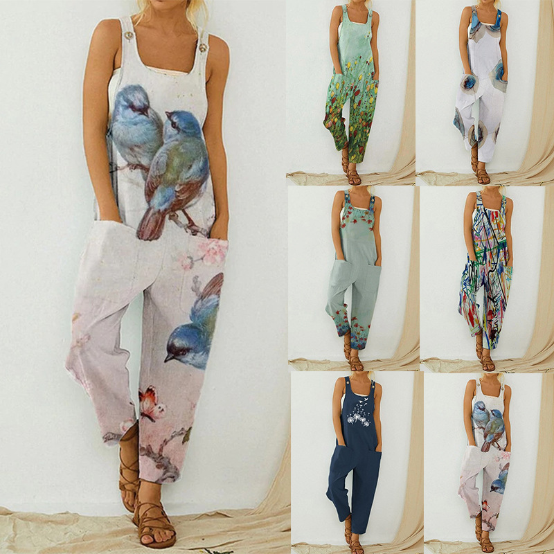 2023 Cross-border Amazon Summer New Women's Foreign Trade Retro Abstract Printed Women's Strap Large Size Jumpsuit