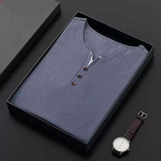 Trendy V-neck Men's Artistic Simple Fashion Trendy Brand Solid Color Short-sleeved T-shirt Youth Popular Summer City Style Standard