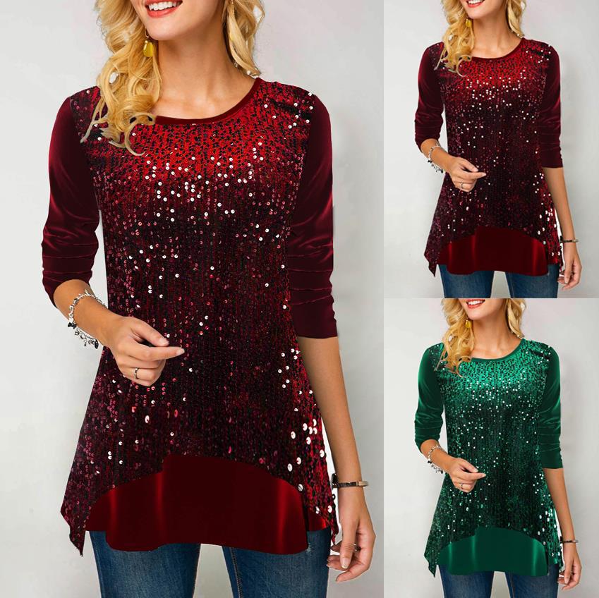 Amazon wish AliExpress European and American popular women's round neck slim-fit sequined printed long sleeve pullover T-shirt