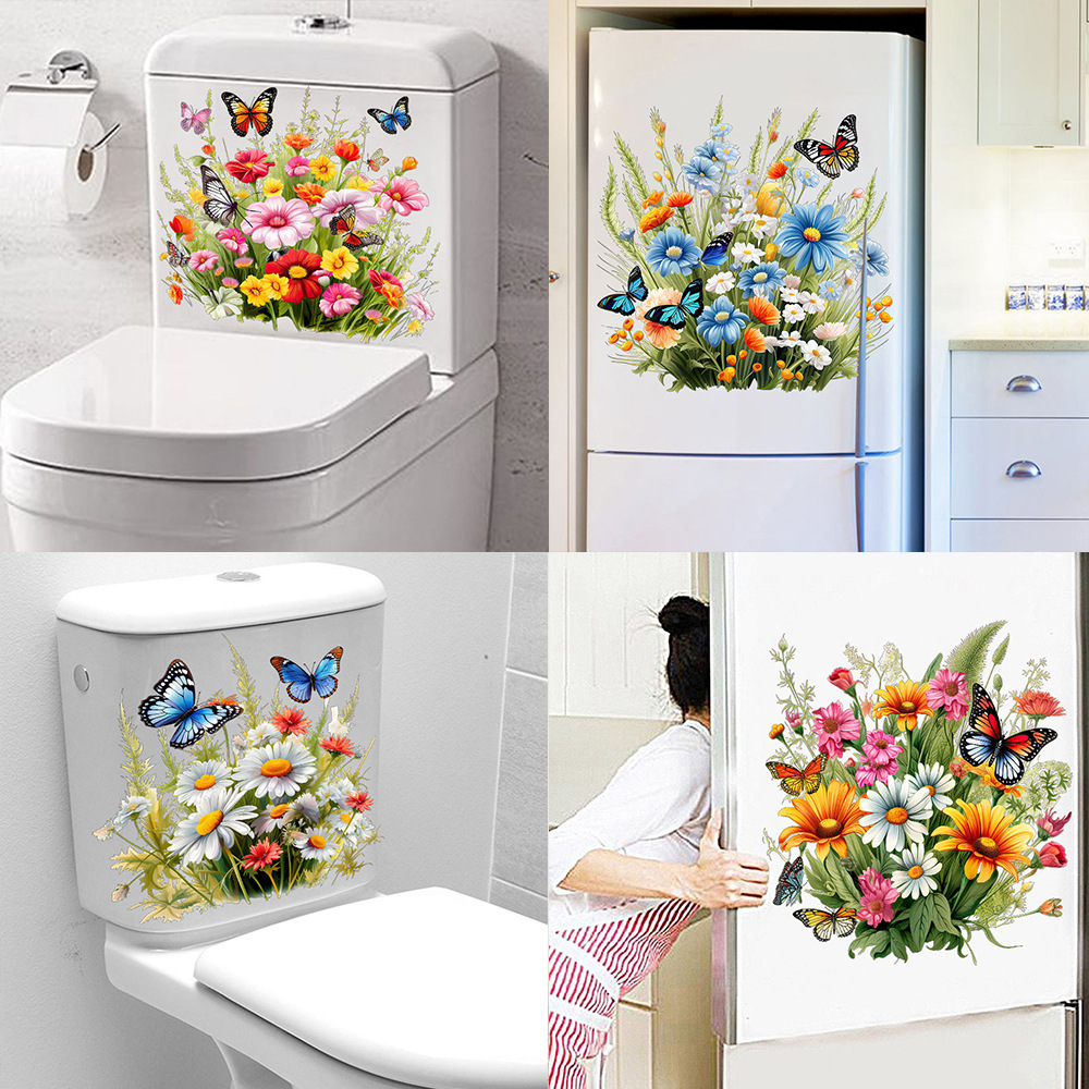 Creative new flower butterfly grass self-adhesive toilet bathroom refrigerator wall stickers living room bedroom decorative painting A- 26