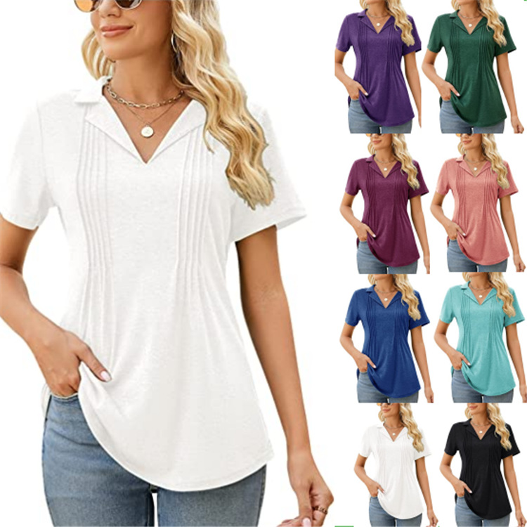 Spot 2023 Amazon Explosions European and American Women's V-neck Short Sleeve Pleated T-shirt Solid Color Women's Casual Top Women's Clothing