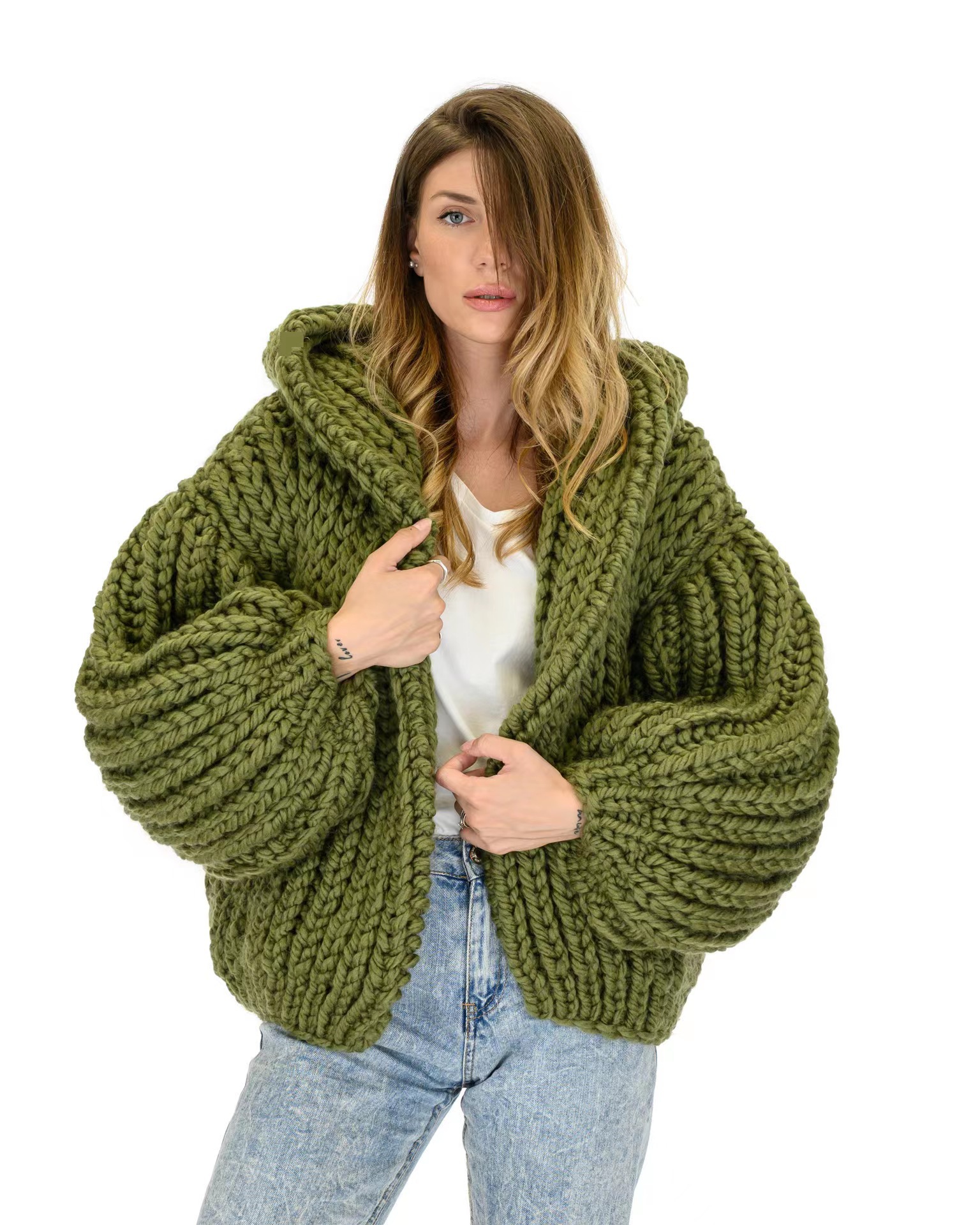 Grenzüberschreitender, lockerer, fauler Kapuzen-Strickpullover, handgefertigter Strickpullover für Damen_voghion.com