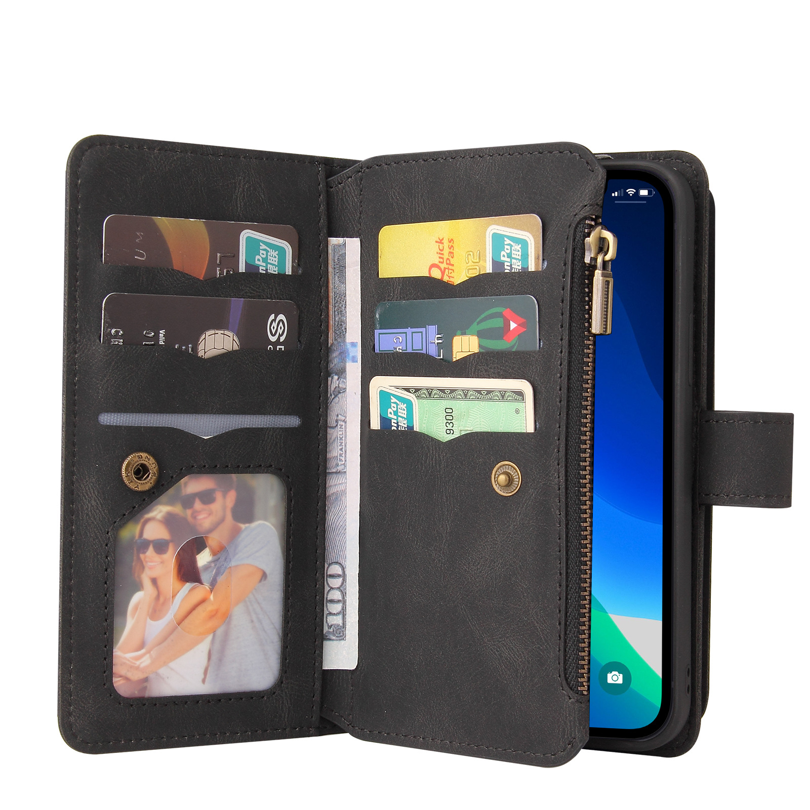 Suitable for Samsung S23ultra zipper 15 card leather case S23plus wallet phone case lanyard S23 skin feeling leather case